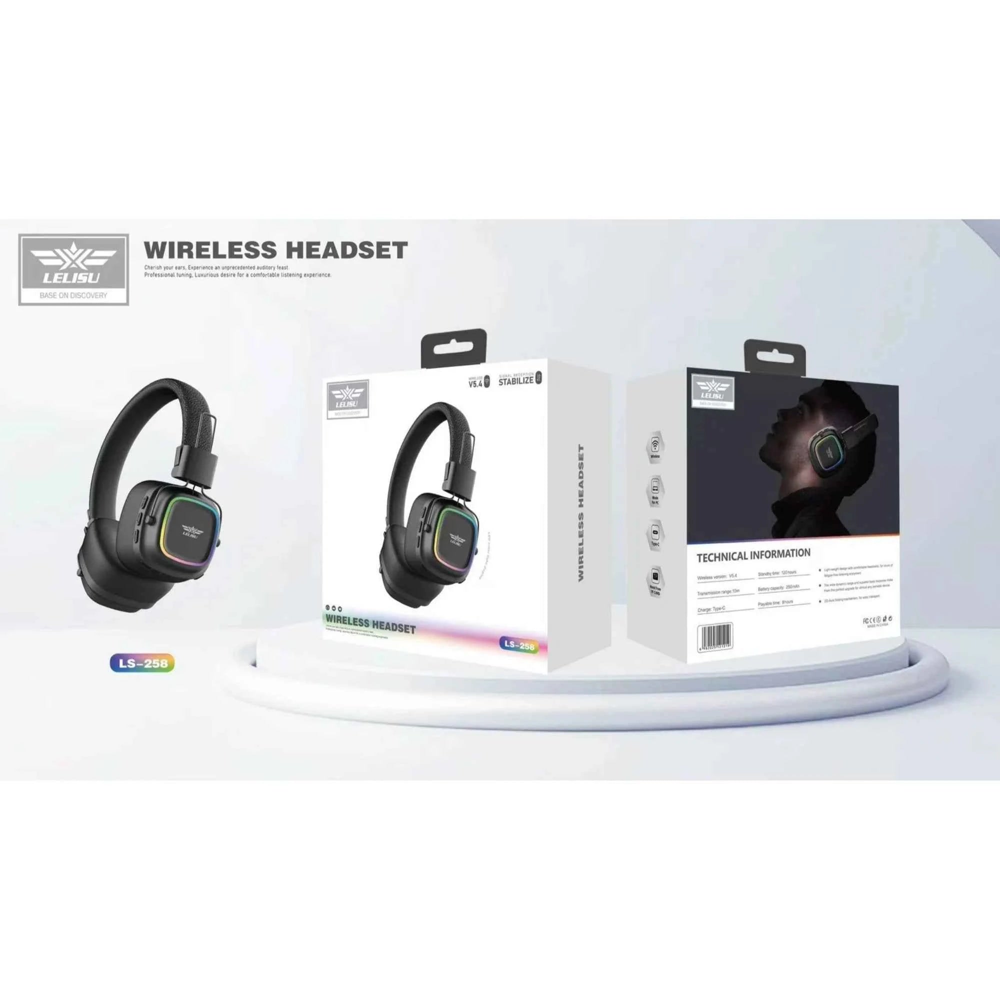 Lelisu LS-258 Wireless Stereo Headphones | Bluetooth 5.4 Over-Ear Headset with Type-C Charging & LED Lights
