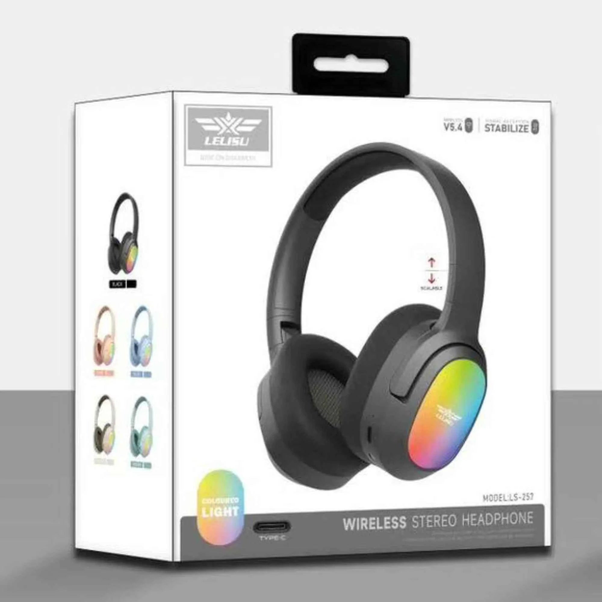 Lelisu LS-257 Wireless Stereo Headphones | Bluetooth 5.4 Over-Ear Headset with Type-C Charging & LED Lights